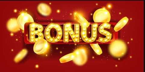 Golden bonus text with flying coins and sparkles on red background representing casino welcome bonuses