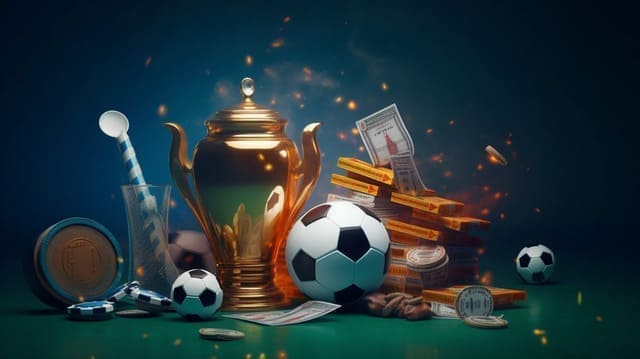 Sports betting concept with golden trophy, soccer ball, poker chips, playing cards and cash on blue background