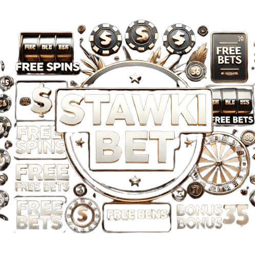 StawkiBet promotional banner with free spins, free bets and bonus offers surrounded by casino chips and slot machines